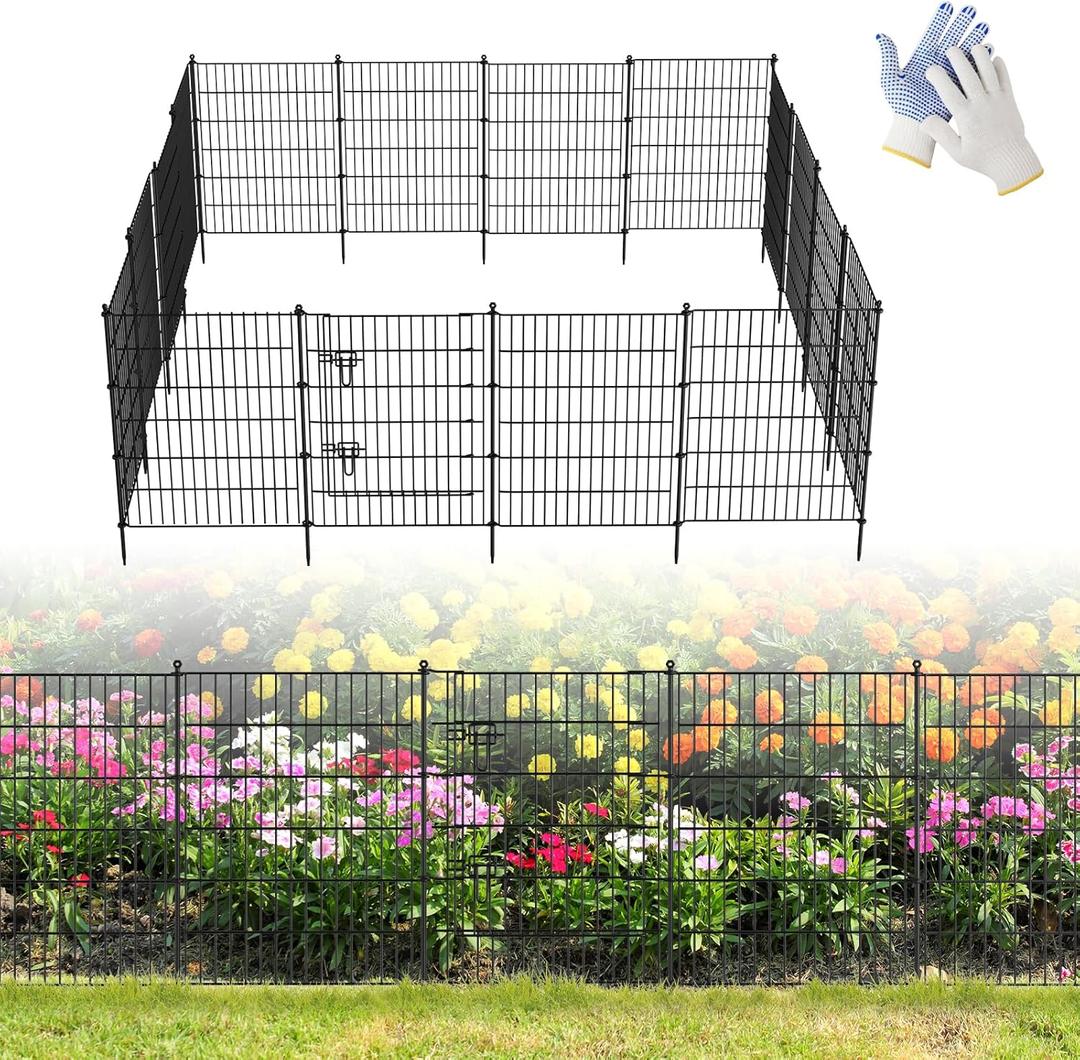 16 Panels Garden Fence,Rustproof Metal Fence Panels - 32in (H)37.8ft (L) Garden Fencing Animal Barrier with Gate,Dog Fence Outdoor for Yard