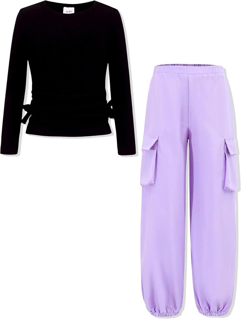 Mikrdoo Toddler Girl Clothes for Girls Outfits Fall Winter Ruched Long Sleeve Crop Top Cargo Pants 2 Piece Clothing Set (4-5T)