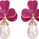 Bohemian Flower Earrings for Women Vintage Baroque Pearls 14K Gold Plated Camellia Flower Floral Dangle Drop Statement Earrings Wedding Holiday Jewelry