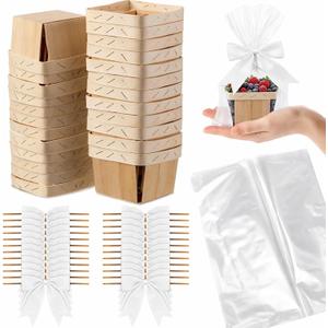 Kigley 24 Set Wooden Gift Baskets Empty Small Gift Basket with Cellophane Bags Bows Basket Kit for Easter Spring DIY Picking Fruit Birthday Baby Shower Wedding Bow Party(4 Inch,White)