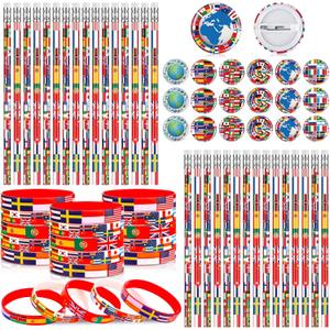 Supervitae 90 Pcs International World Flags Party Favor Accessory Include 30 Flags of World Nation Pencil 30 Rubber Wristband 30 Badge Button Pin for Travel Trip Around The Globe Back to School Decor