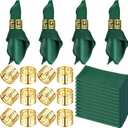 Nitial 24 Pcs Christmas Napkin and Rings Set 12 Packs Green Napkins Cloth Washable 12 Pcs Golden Hollow Napkin Rings for Holiday Table Decoration Wedding Birthday Xmas Party