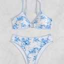 Fanuerg Women's Triangle Bikini Sets O Ring Linked Two Piece Swimsuits Floral Printed Cheeky Bathing Suit (Blue, M)