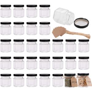 Encheng 1.5 oz Clear Hexagon Jars, Small Glass Jars With Black Lids, Mason Jars for Herbs, Foods, Jams, Liquid, Mini Spice Storage 30 Pack
