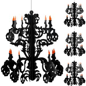 4 Pcs Halloween Haunted House Hanging Decoration Halloween Black Chandelier Decoration Skeleton Bats Spiders Ceiling Hanging Indoor Outdoor Paperboard Wall Decoration Set for Hallowing Supply