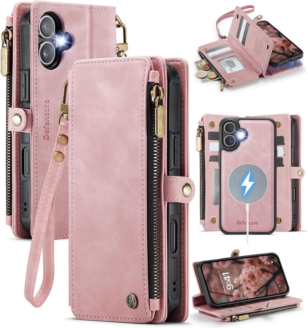 Defencase for iPhone 16 Magnetic Wallet Case Compatible with Magsafe with RFID Blocking Zipper Pocket & Card Holder for Women Men PU Leather Strap Detachable Case for iPhone 16 (6.1 inch), Rose Pink