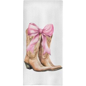 Coquette Western Kitchen Towels, Coquette Bow Western Cowgirl Boot Decorative Hand Towels for Bathroom, Coquette Bathroom Decor, Western Dish Towels, Western Kitchen Decor, 16x24 Inches