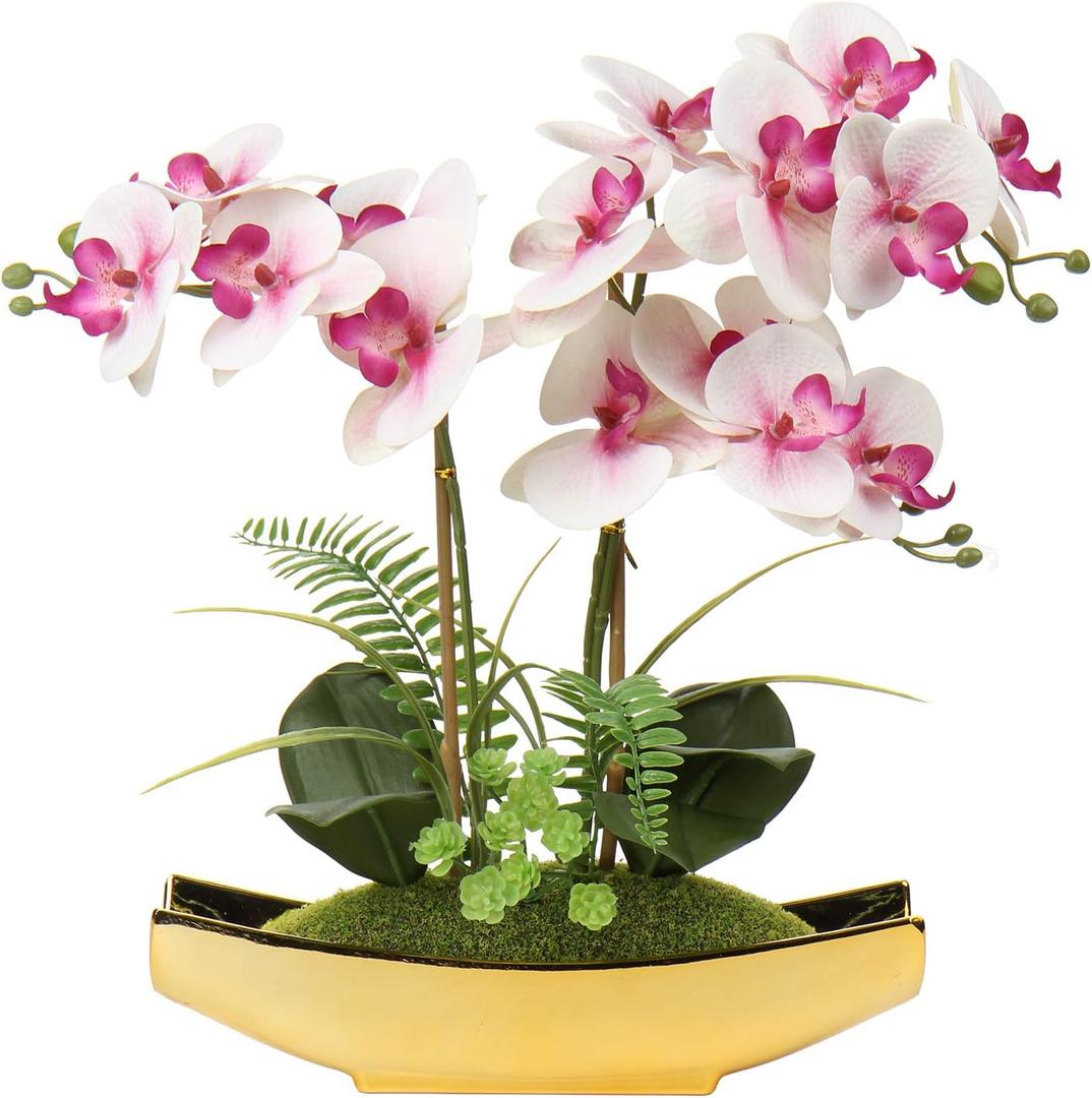 Briful Orchids Artificial Flowers 15" Light Pink Phalaenopsis Orchid with Gold Pots Real Touch Faux Orchid Plant for Home Office Living Room Table Shelf Decor