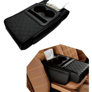 Car Center Console Cover, 5-in-1 Thickened Armrest Protector Pad, Leather Center Armrest Protector with Storage Compartment, Universal for Most Cars (Black)