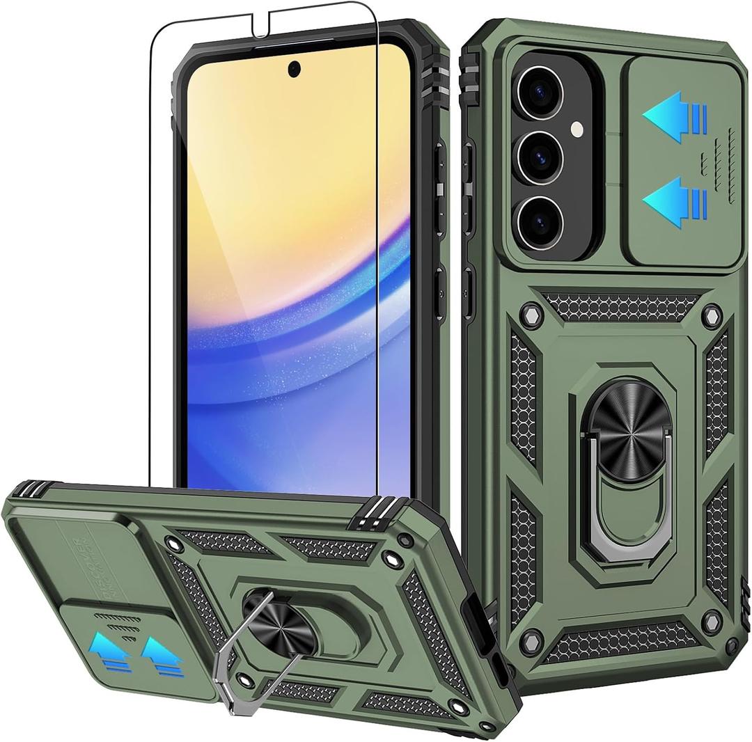 for Samsung Galaxy S24 FE Case,with HD Screen Protector,[Slide Camera Cover], Military Grade Rugged Drop Protective Case with Magnetic Shockproof Kickstand for Galaxy S24 FE (Military Green)