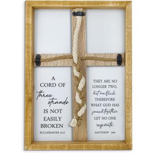 A Cord of Three Strands Wedding Sign 15"X10" Three Strands Braid Wall Decor Anniversary Religious Gifts for Couple Cross to Braid or Tie God's Knot, Symbolic of Unity (Wood)