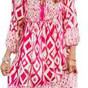 Qearal Women's Casual V Neck 3/4 Sleeve Boho Floral Printed Loose Short Flowy Summer Beach Vacation Dress (X-Large, Hot Pink)