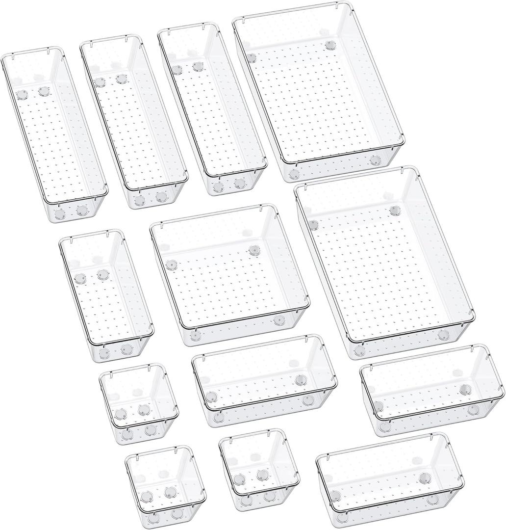 SMARTAKE 13-Piece Drawer Organizers with Non-Slip Silicone Pads, 5-Size Desk Bathroom Drawer Organizer Trays Storage Tray for Makeup, Jewelries, Utensils in Bedroom Dresser, Office and Kitchen, Clear