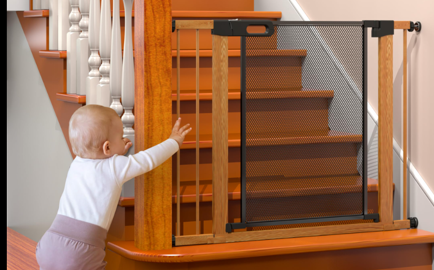 Metal Mesh Baby Gate with Wood Pattern, Extra Wide Easy Install Pressure Mounted Dog Gate for Stairs Bedroom Auto Close Pet Gate for Doorways