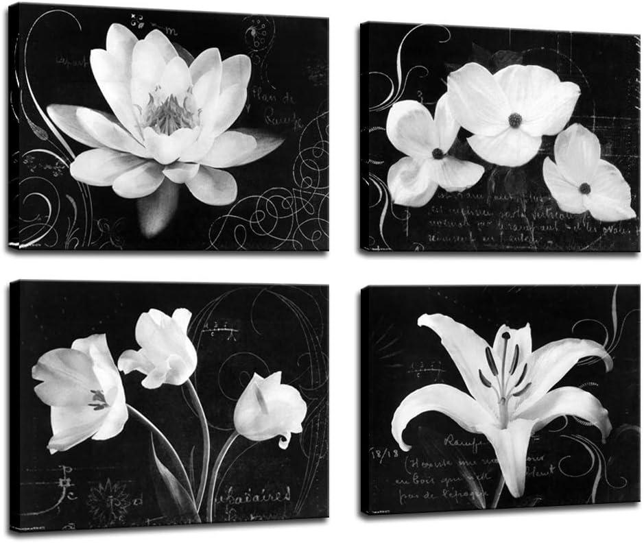 Biuteawal - Flower Canvas Prints Art Magnolia Lily Flower Painting Black and White Floral Bloom Pictures Prints on Canvas Wall Decoration for Bedroom Framed Ready to Hang