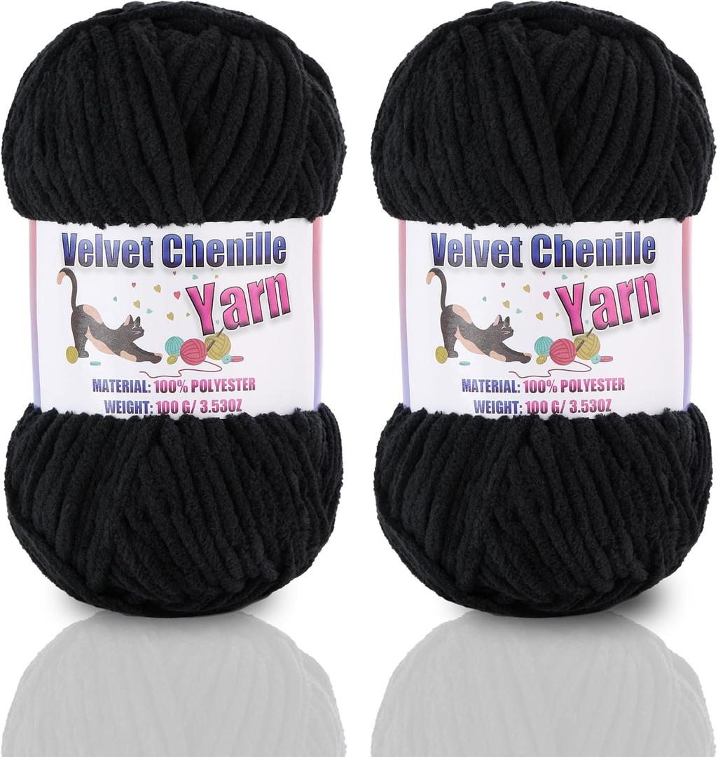 2 * 100g/3.5oz Fluffy Chenille Yarn for Crocheting, Chunky Velvet Yarn for Crochet Amigurumi, Used for Making Baby Yarns Blanket, Clothes, Pattern Knitting Creations (Black)