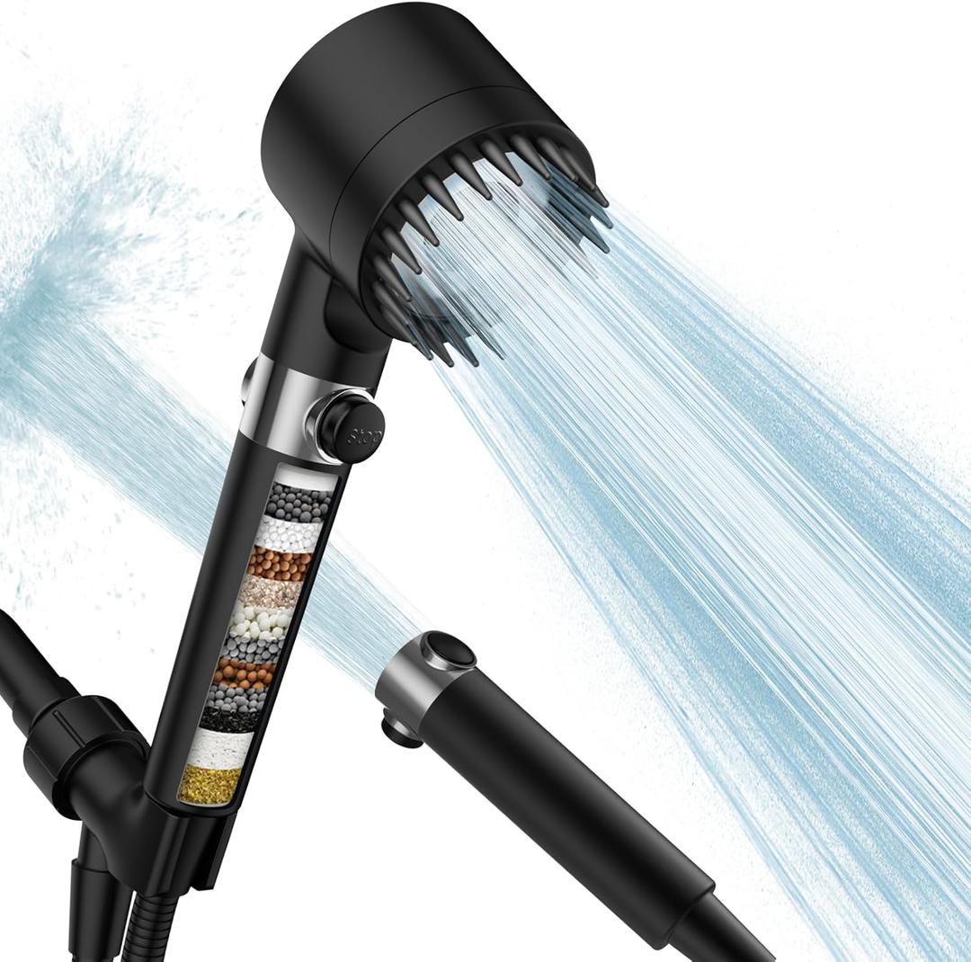 Filtered Shower Head with Handheld, High Pressure Water Flow and Multiple Spray Modes Shower Head with Filter, Power Wash for Hard Water, Showerhead with ON/OFF Switch for Pets Bath (Black)