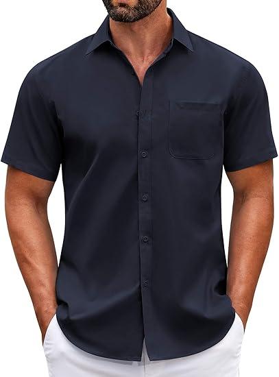 COOFANDY Mens Short Sleeve Casual Button Down Shirts Summer Untucked Dress Shirts with Pocket, Navy Blue, XL