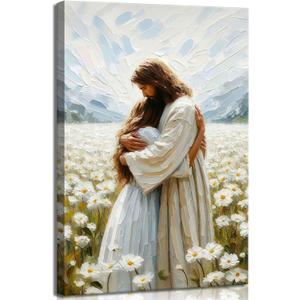 Frame Jesus Hugging Girl Canvas Wall Art Jesus and Woman Wall Decor Pictures Modern Christian Healing Embrace Mormon Prints Posters for Hallway Bathroom Dining Living Room Kitchen Wall Bedroom Decoration16x24in