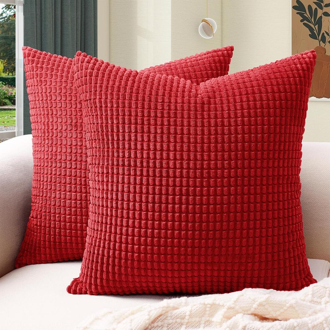 Softalker Throw Pillow Covers 18x18 Inch, Set of 2, Soft Corduroy Boho Stripe Decorative Pillow Cover, Couch Fluffy Pillow Cover for Farmhouse Home Decor Bed Living Room, Red