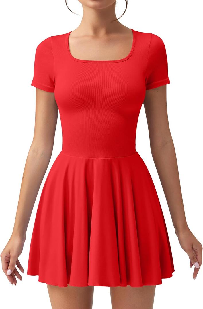 OQQ Women's Square Neck Ruffle Hem Mini Dress Summer Short Sleeve with Shorts Party Dresses (Large, Red)