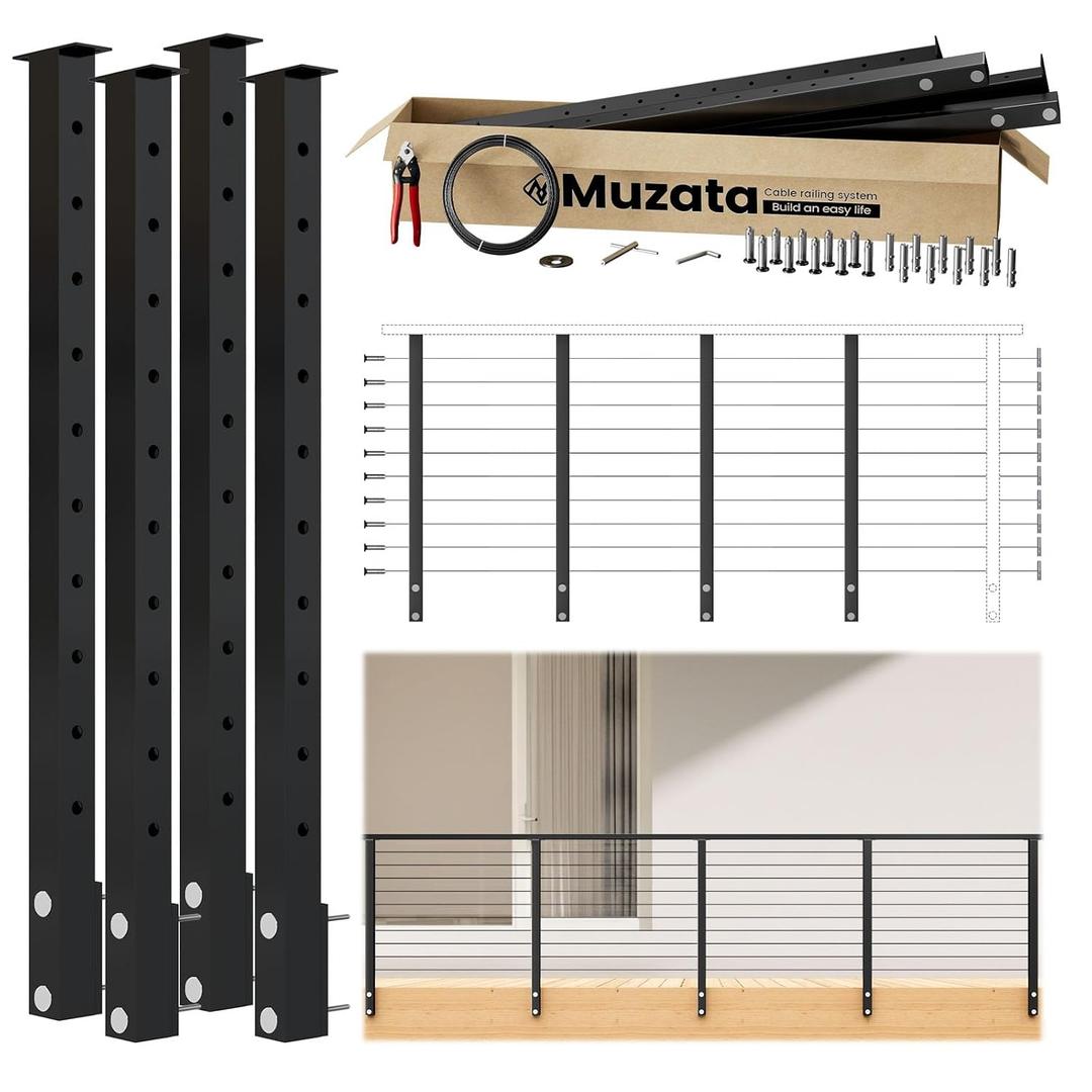 Muzata 12-16FT Modular Black Side Mount Cable Railing Kit 36 Inch 4 Level Post Kit Complete Set Cable Railing System for Decks Length Adjustable Easy DIY with Paper User Guide (No Handrail) RW21