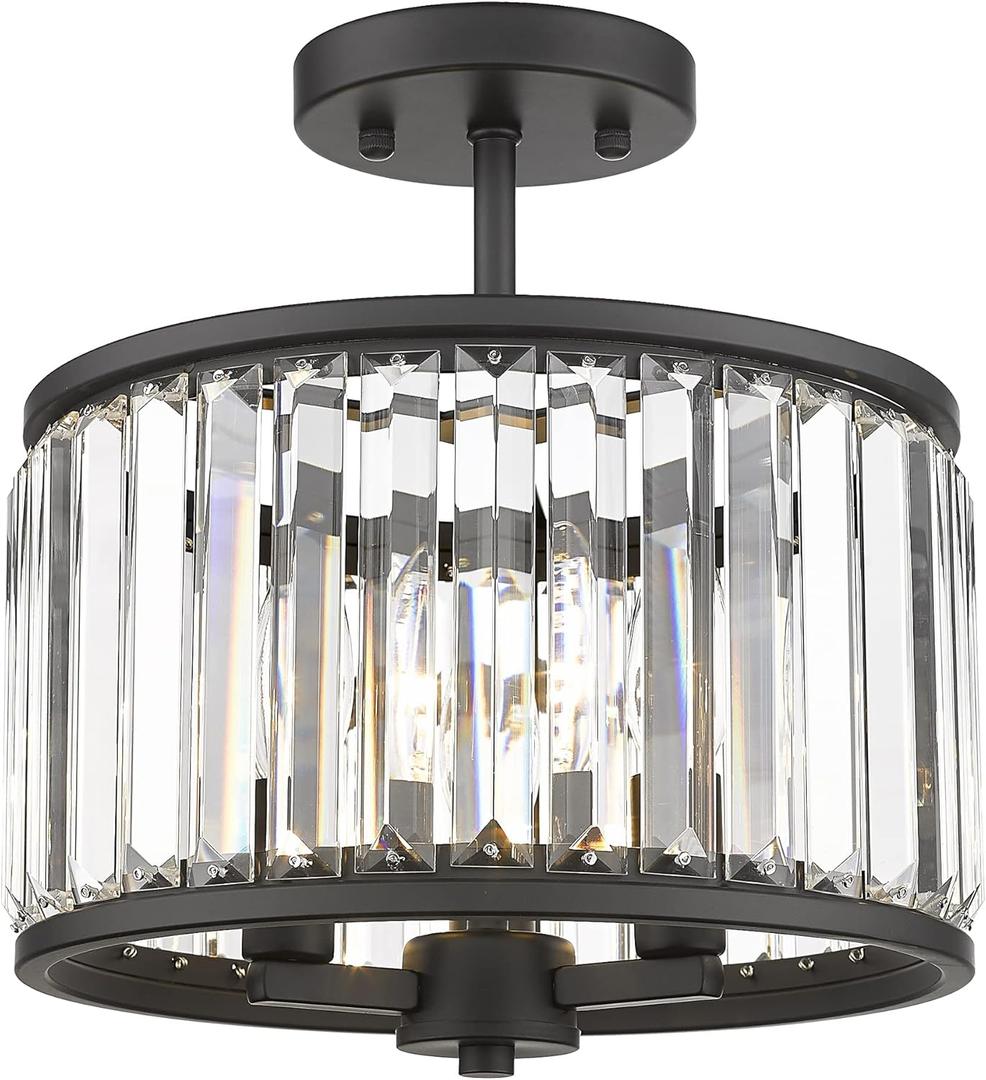 Semi Flush Mount Ceiling Light Fixture, 11" Crystal Light Fixture, 3-Light Modern Lamps with Matte Black Finish for Bathroom, Dinning Room, Hallway, Bedroom, SM821-MB