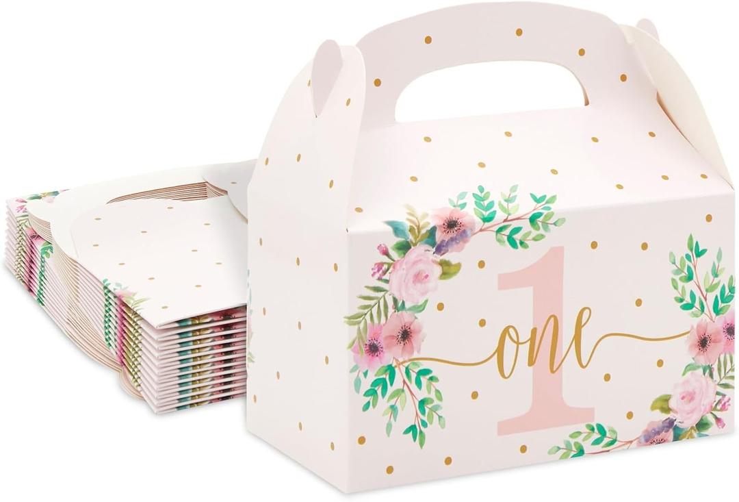 BLUE PANDA 24-Pack Pink Floral Present Boxes for 1st Birthday Party Favors - Goodie Gable Box (6.2 x 3.6 x 3.3 In) - First Candy Containers for One Year Old Girls