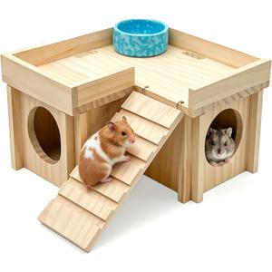 Wooden Hamster Hideout,Dwarf Hamster Hide House with Platform & Bowl & Ladder,Small Hamsters Maze Hut Hides Habitats Decor Cage Accessories for Gerbils,Mice,Mouse