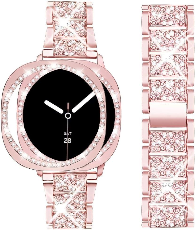 Mosonio Compatible with Samsung Galaxy Watch 8/7/6 Bands 40mm/44mm, 20mm Bling Metal Bands with Bling Protective Cover Case for Women, Shiny Watch Replacement Strap for Daily Wear