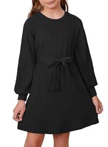 DOKOTOO KIDS Girls' Special Occasion Dresses Casual Long Sleeve Crewneck Textured Belted Back to School Dress Black 8-9 Years