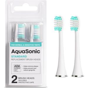 AquaSonic Genuine Standard Replacement Brush Heads | ADA Accepted | for Normal & Sensitive Teeth | Compatible with Many AquaSonic Toothbrush Handles (2 Pack White)