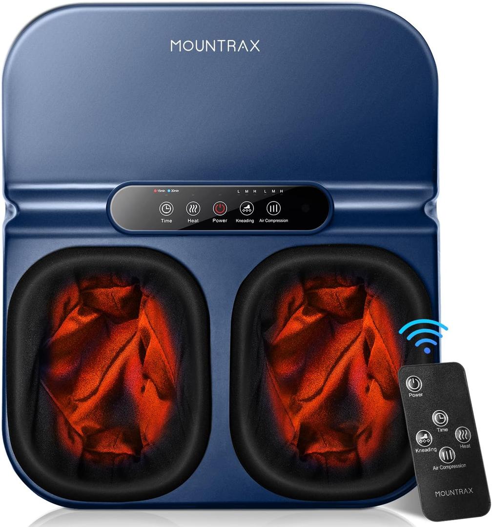 MOUNTRAX Foot Massager Machine with Heat, Foot Massager for Plantar Fasciitis, Neuropathy Pain, Shiatsu Foot Massager with Remote, Fits Feet Up to Men Size 12 (Blue)