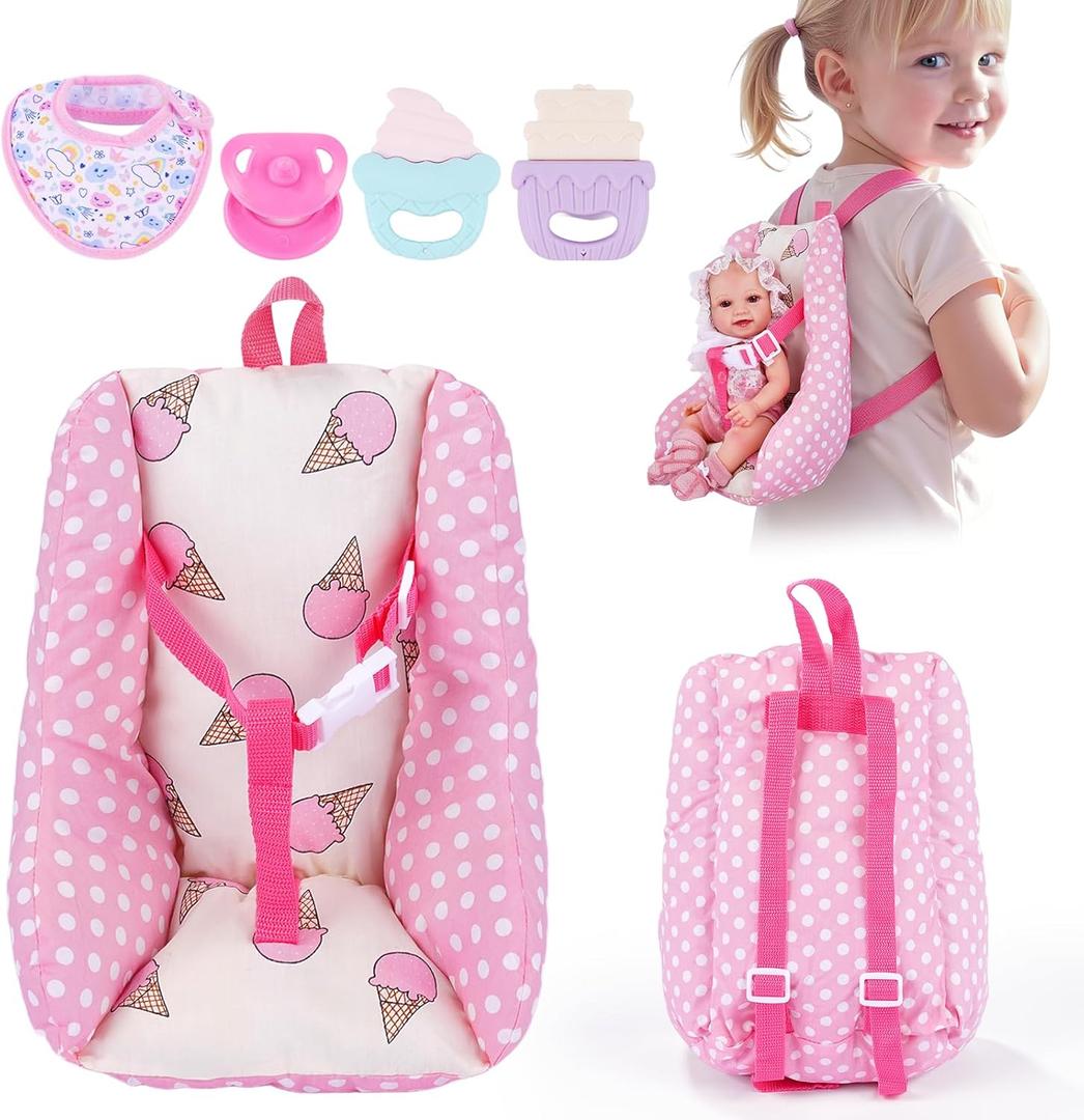 BABESIDE Baby Doll Carrier Set  Realistic Baby Doll Accessories with Carrier, Bib, Rattle, Bottle & Feeding Toys for 1012 Inch DollsNot Doll