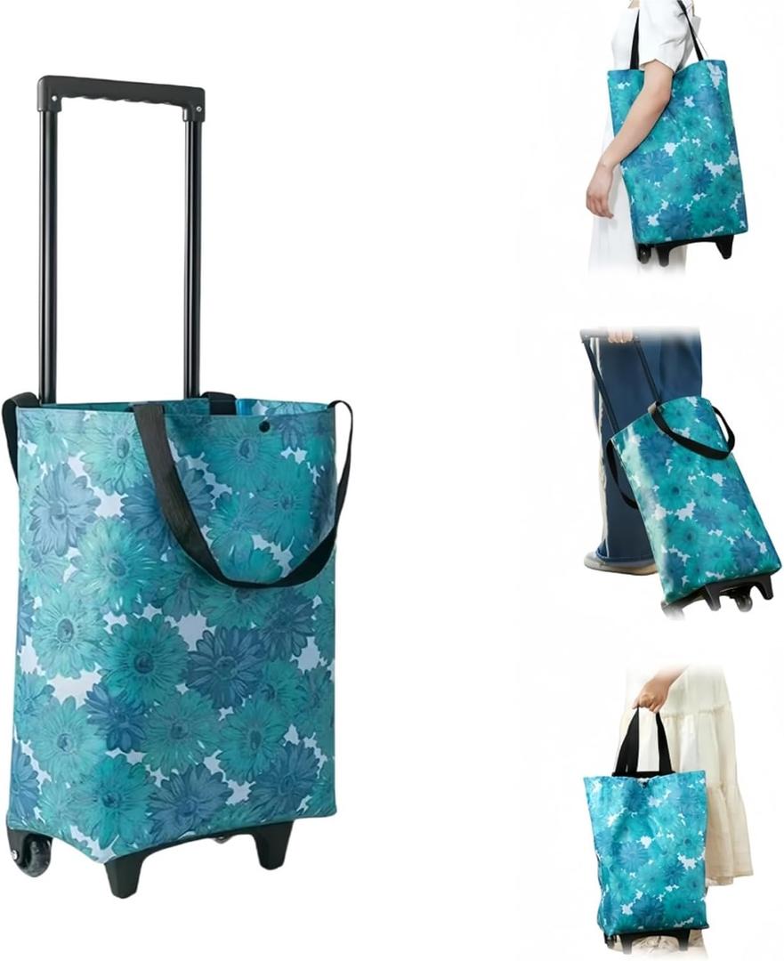 Portable Shopping Cart Foldable with Wheels,Folding Shopping Cart Tote Bag Trolley Grocery Carts for Outdoors Reusable Grocery Bags Travel Bag (Flower)