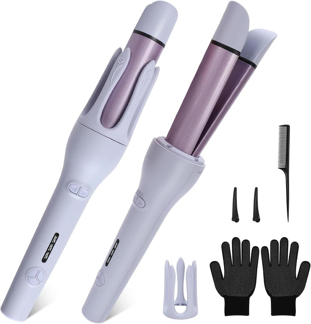 Automatic Hair Curler, Auto Curling Iron for Kids Beginners, 2-in-1 Hair Styling Tool Flat Iron & Curler, 3 Temp Settings, 10s Timer, Ceramic Coating, Dual Voltage, Includes Comb, Gloves & Hair Clips