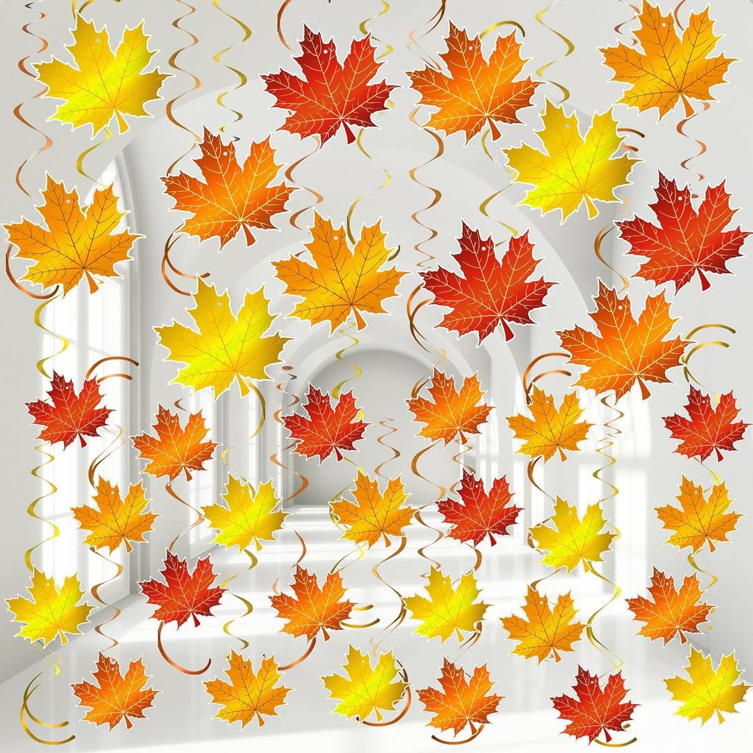 72 Pcs Fall Thanksgiving Hanging Decoration Maple Leaves Swirl Autumn Party Decoration Autumn Ceiling Decor Foil Orange Leaves Streamers for Home Office Classroom Harvest Party Supplies