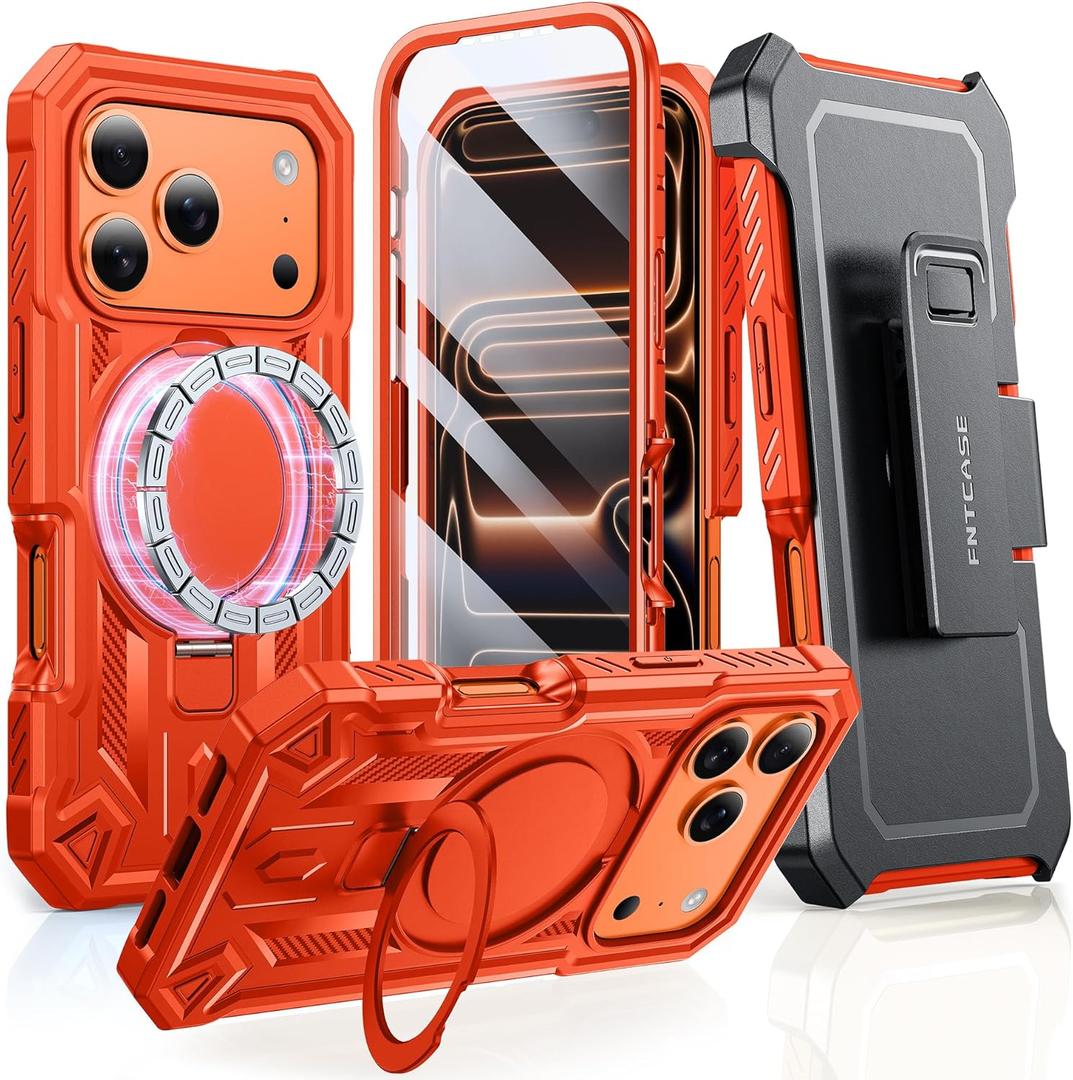 FNTCASE for iPhone 17 Pro-Max Case: with Kickstand [Built-in Screen Protector & Belt Clip] [Compatible with MagSafe] Military Grade Shockproof Rugged Hard TPU Magnetic Phone Cover Orange