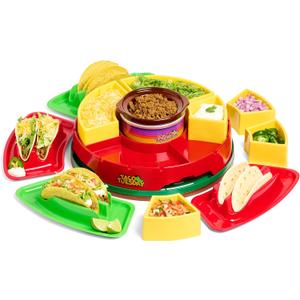 Nostalgia Taco Tuesday Heated Lazy Susan Taco Bar Serving Set for a Party with 4 Tortilla Holders, Fondue Pot for Burritos, Nachos, and Fajitas - 20 Oz. - Red