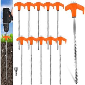 Hicarer 10 Pcs 20 Pcs 8'' Screw in Tent Stakes Heavy Duty Ground Metal Stakes for Inflatables with Hex Head Driver for Outdoor Camping Tent Inflatable Garden Decor (Orange)