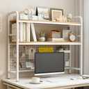 IOTXY 2-Tier Desktop Hutch Bookshelf - Metal Desk Shelf Bookcase with Grid Panel, Countertop Storage Organizer Rack for Dorm or Office, White, 45.3" W