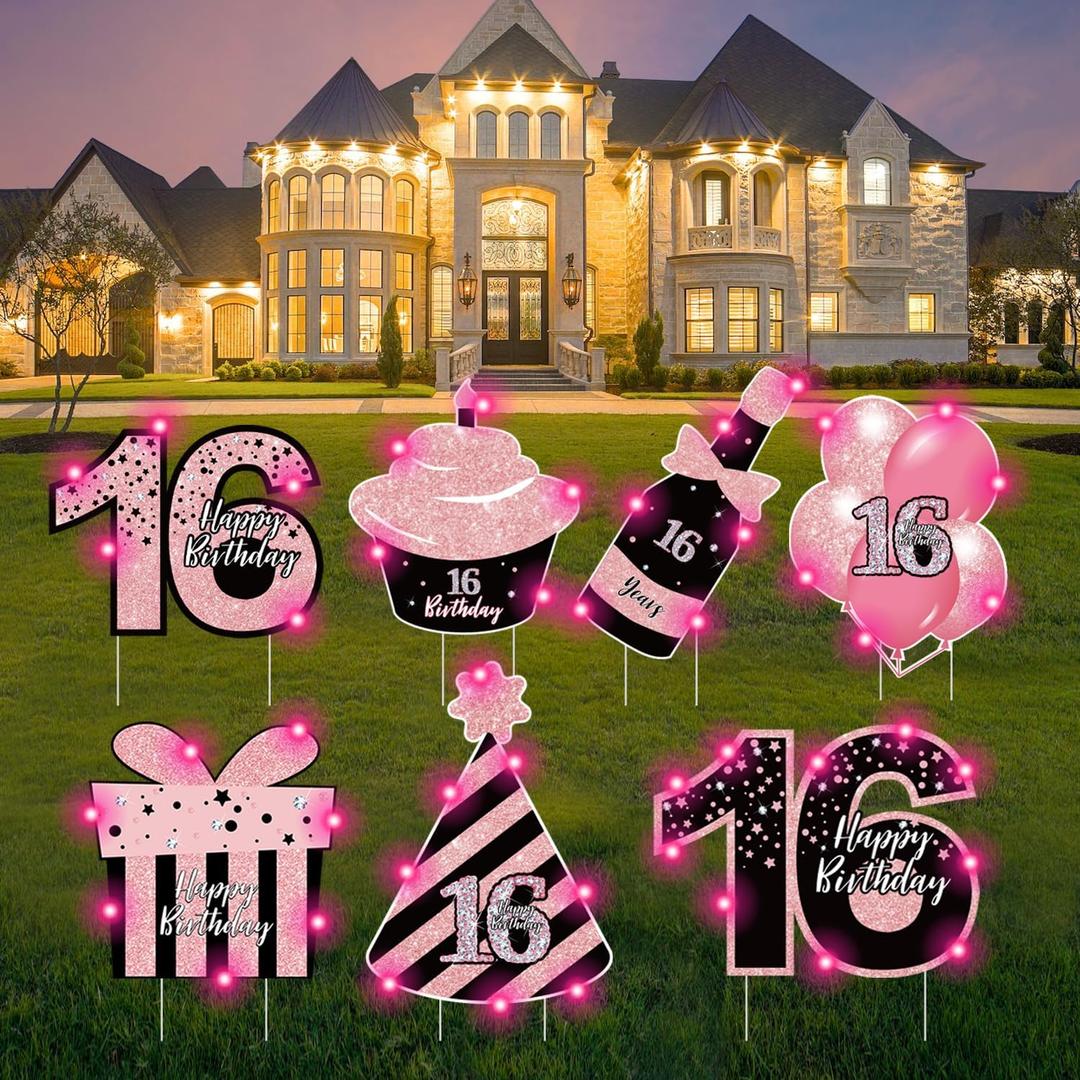 Sweet 16 Birthday Decorations - 7 Pcs Black & Pink Sweet 16 Yard Signs with Stakes, 2 Pcs LED Lights, Sparkling at Night, Weatherproof, Perfect Outdoor Lawn Decorations