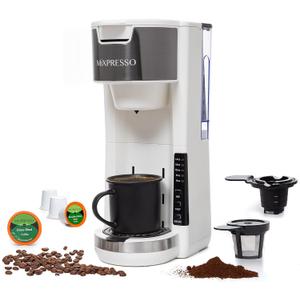 Mixpresso White Single Serve Coffee Brewer K-Cup Pods Compatible & Ground, 30 oz Compact Coffee Maker Single Serve With 5 Brew Sizes Up To 14 Oz, Fits Travel Mug, Adjustable Drip Tray