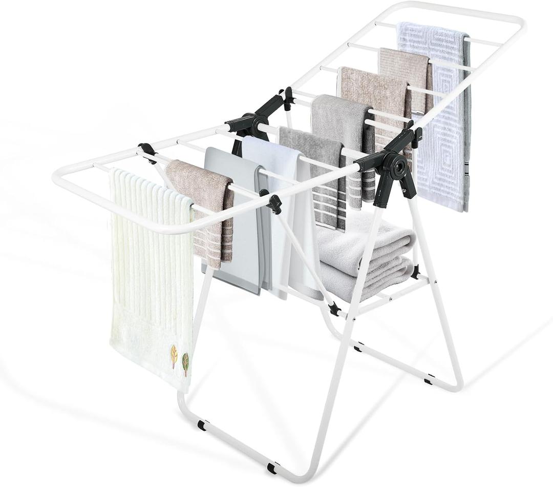 Clothes Drying Rack, Metal Foldable Laundry Drying Rack, with Adjustable Height Levels Wings, Space Saving, Indoor Outdoor Use, White Free-Standing Airer (Small)