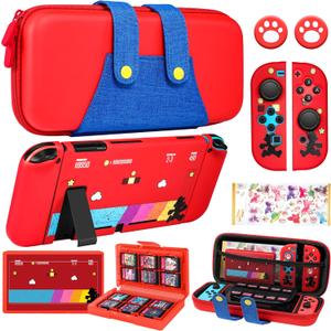 8in1 Maro Switch Case for Nintendo Switch Carrying Cases & Storage Accessories Bundle Kit, Thumb Grips Button Caps+Game Card Holder+Dockable Cover Skin+Sticker for Switch Travel Pouch Bag (1-Red Blue Maro)