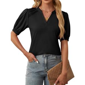 BMJL 2024 Women Puff Sleeve Tops Business Casual V Neck Shirts Summer Dressy Casual Blouses (X-Large, Black)