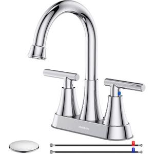 Bathroom Faucets for Sink 3 Hole, Hurran 4 inch Chrome Bathroom Sink Faucet with Pop-up Drain and Supply Hoses, Stainless Steel Lead-Free 2-Handle Centerset Utility Faucet for Sink Vanity RV