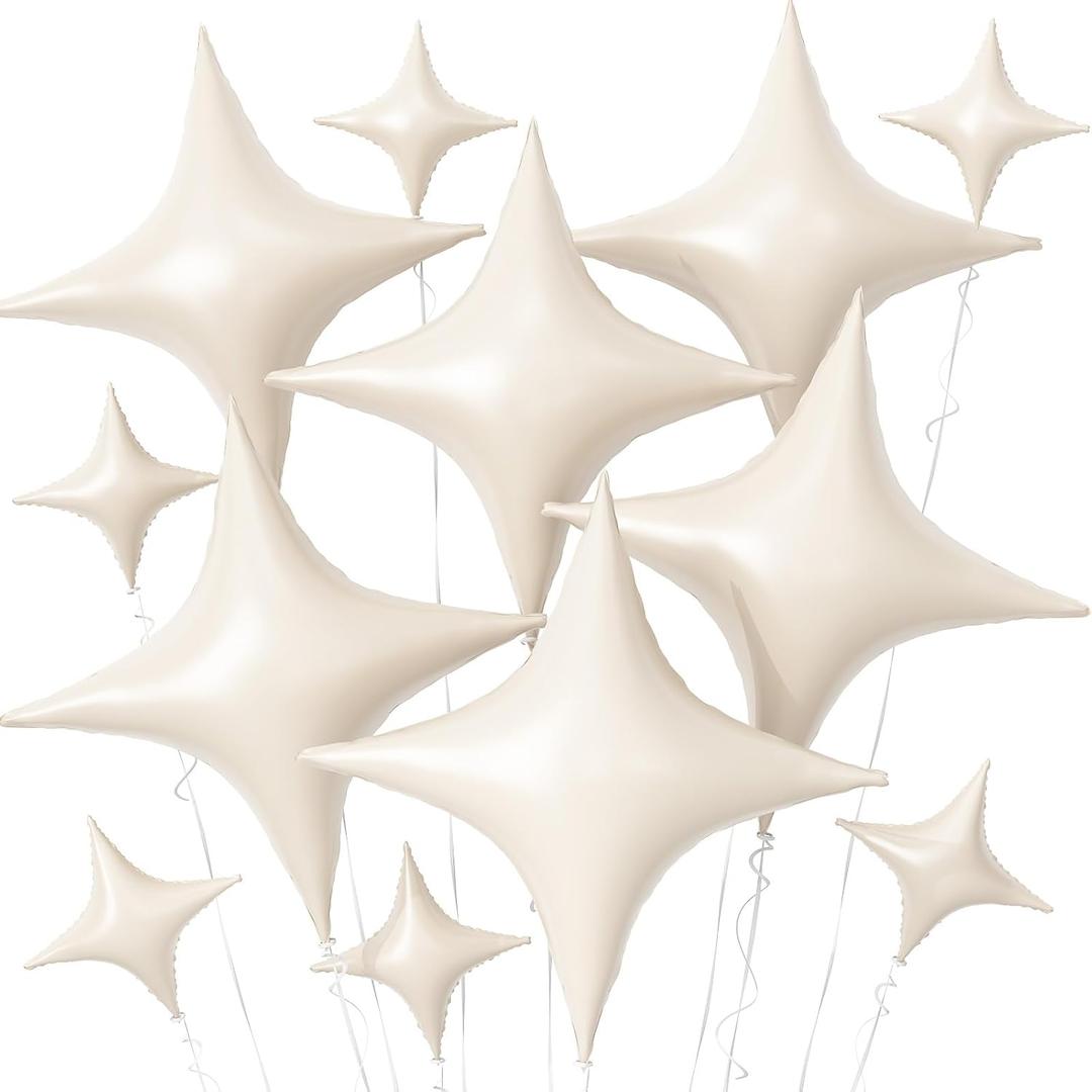 Cream White Star Balloons,12Pcs Four Angle Star Foil Balloons,26Inch and 10Inch Sand White Quadrangle Helium Balloon for Birthday Baby Shower Anniversary Party Decorations
