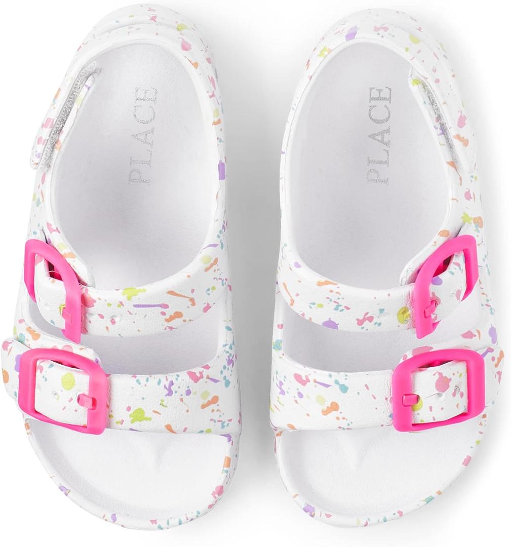 The Children's Place Baby Girls and Toddler Everyday Slide Sandals with Backstrap, White Paint Splatter, 6