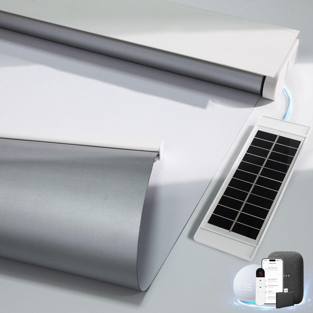 Motorized Blinds with Remote Control, Complementary Solar Panel 100% Blackout Smart Shades Cordless Automatic Custom Size Blinds for Windows, White-34x72